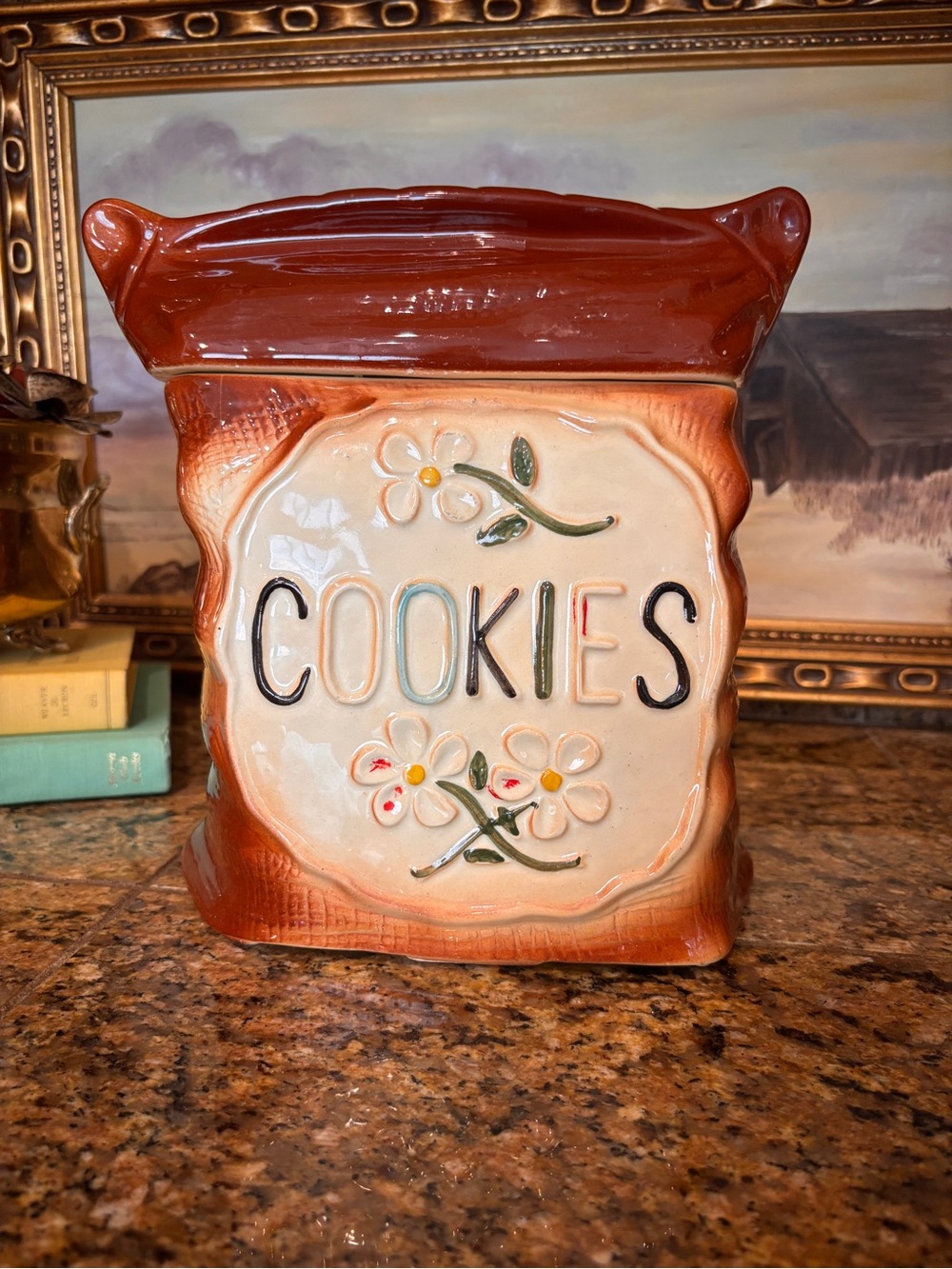 Vintage 1950s American Bisque Sack of Cookies Ceramic Cookie Jar Daisy 9”
